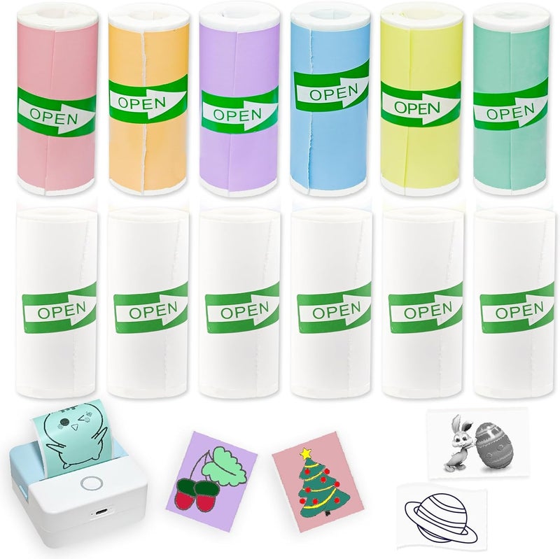 OMGFUNAA 12 Rolls Self-Adhesive Mini Printer Sticker Paper - 6 White & 6 Vibrant Colors for M02/T02 Printers (Remove Inner Paper Holder), Thermal Sticker Paper Continious Labels for Study Notes & Scrapbooking - Image 1